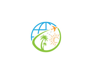 Sticker - Beach traveling logo design with earth and palm tree symbol vector Illustration.