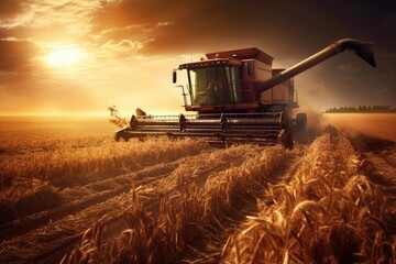 Canvas Print - combine harvester working in a cornfield, created with generative ai