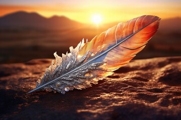 Poster - diamond dust on a feather with a warm, glowing sunrise backdrop, created with generative ai