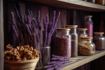 Canvas Print - close-up of dried lavender on wooden shelves, created with generative ai