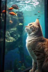 cat gazing at a fish tank, underwater perspective, created with generative ai