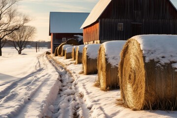 Wall Mural - close-up of snow-covered hay bales near barn, created with generative ai