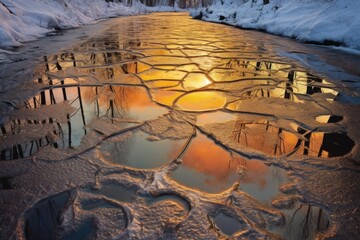 Poster - icy puddle with crackling patterns on the surface, created with generative ai