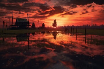 Wall Mural - dramatic sunset over a flooded rural landscape, created with generative ai
