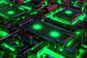 Poster - 3d render of neon circuit board pattern, created with generative ai