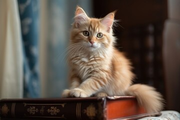 Poster - cute kitten sitting on top of book, being adorable, created with generative ai