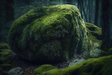 Canvas Print - close-up of mysterious moss-covered rock in forest, created with generative ai