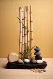 Fototapeta Dziecięca - zen stone arrangement on a sandy background with bamboo, created with generative ai