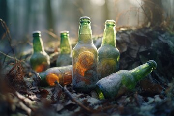 Wall Mural - close-up of frosty beer bottles buried in ice, created with generative ai