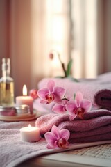 Poster - relaxing spa setting with orchids and soft towels, created with generative ai