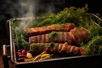 Canvas Print - ribs in smoker, surrounded by herbs and spices, created with generative ai