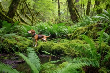 Poster - beagle sniffing ground in lush green forest, created with generative ai