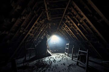 Wall Mural - wide angle of bat colony in dark attic, created with generative ai