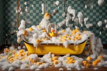 Bathtub Overflowing With Foam, Rubber Duck Floating On Top, Created With Generative Ai