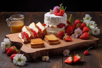 Poster - sliced strawberries and shortcake on wooden board, created with generative ai