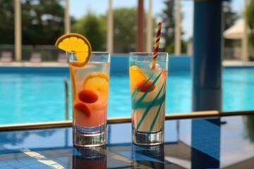 Sticker - tom collins in unique glassware with pool view, created with generative ai