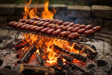 Canvas Print - chorizo sausages on skewers being roasted over campfire, created with generative ai