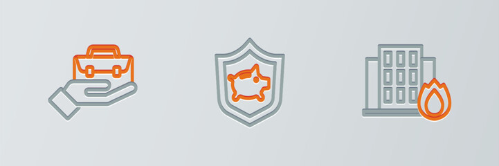 Sticker - Set line Fire in burning house, Hand holding briefcase and Piggy bank with shield icon. Vector