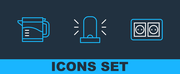 Poster - Set line Electrical outlet, kettle and Flasher siren icon. Vector