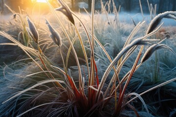 Poster - ice-covered grass blades bending under the weight of frost, created with generative ai