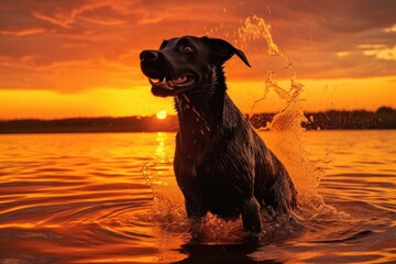 Wall Mural - silhouette of wet dog shaking at sunset, created with generative ai