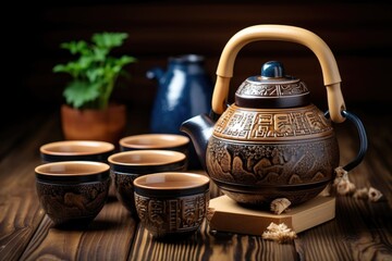 Canvas Print - brewing tea with a traditional ceramic teapot and cup set, created with generative ai