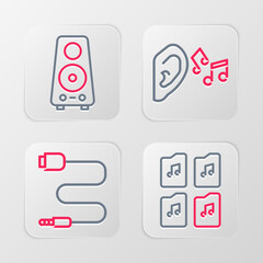 Poster - Set line Music file document, Audio jack, Ear listen sound signal and Stereo speaker icon. Vector