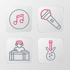 Poster - Set line Electric bass guitar, DJ playing music, Microphone and Music note, tone icon. Vector