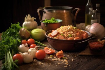 Poster - close-up of jambalaya ingredients on rustic table, created with generative ai