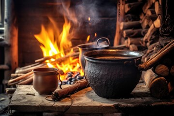 Canvas Print - brewing coffee in a rustic pot over open fire, created with generative ai