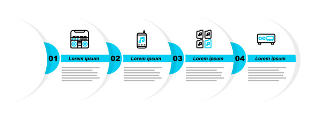 Poster - Set line Guitar amplifier, Music file document, player and Home stereo with speakers icon. Vector