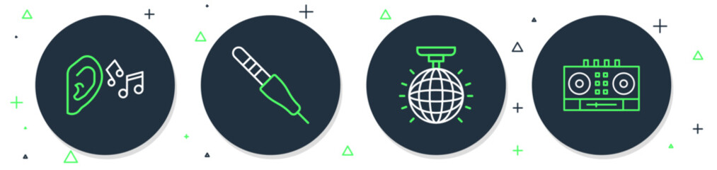 Poster - Set line Audio jack, Disco ball, Ear listen sound signal and DJ remote and mixing music icon. Vector