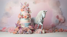 Unicorn Cake - Unicorn Themed Cake In Feminine Pastel Color Aesthetic Against Vintage Pastel Background With Whimsical Elements - For Birthdays, Weddings, Or Celebrations - Generative AI