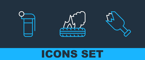 Poster - Set line Broken bottle as weapon, Hand grenade and Lying burning tires icon. Vector
