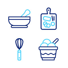 Wall Mural - Set line Ice cream in bowl, Kitchen whisk, Cutting board and Mortar and pestle icon. Vector