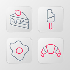 Poster - Set line Croissant, Scrambled eggs, Ice cream and Piece of cake icon. Vector