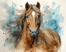 The Watercolor Painting Features A Brown Horse With Blue Nose, Brown Mane And Spots, In Front Of A White Background. (Generative AI)