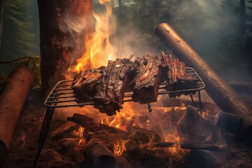 Wall Mural - campfire smoke wafting around sizzling ribs, created with generative ai