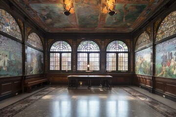 Wall Mural - grand hall with vibrant murals, depicting battle scenes and noble heroes, created with generative ai