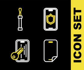 Sticker - Set line Mobile with shield, Glass screen protector, and Screwdriver icon. Vector