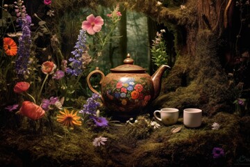 Poster - teapot and cup surrounded by wildflowers on a forest floor, created with generative ai