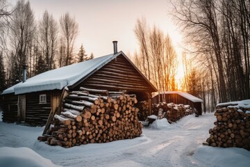 Canvas Print - piles of firewood stacked near a snow-covered cabin, created with generative ai