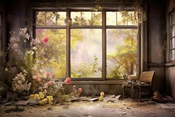 Wall Mural - broken window with a view of a peaceful garden, created with generative ai