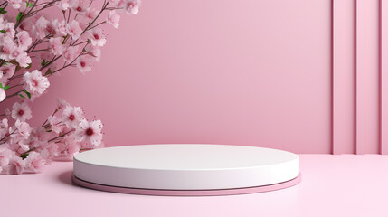 white podium with cherry blossom flowers on pink background