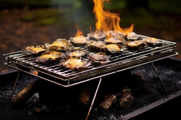 Poster - char-grilled oyster feast, oysters on grate over fire, created with generative ai