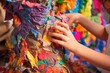 close-up of hands applying paper mache to pinata, created with generative ai
