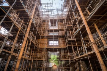 Poster - wide-angle shot of completed bamboo scaffolding, created with generative ai