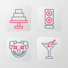 Canvas Print - Set line Martini glass, Clown head, Stereo speaker and Cake icon. Vector