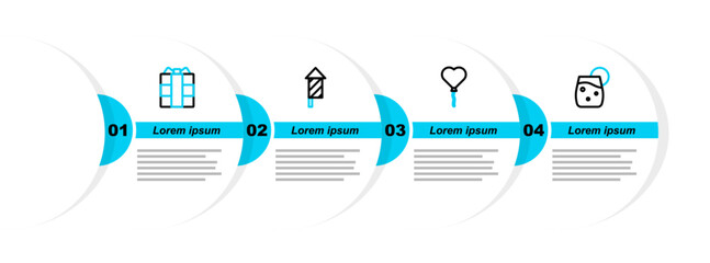 Poster - Set line Cocktail, Balloons in form of heart, Firework rocket and Gift box icon. Vector