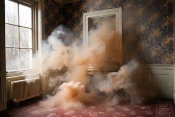 Wall Mural - smoke from a fireplace escaping through a window, created with generative ai